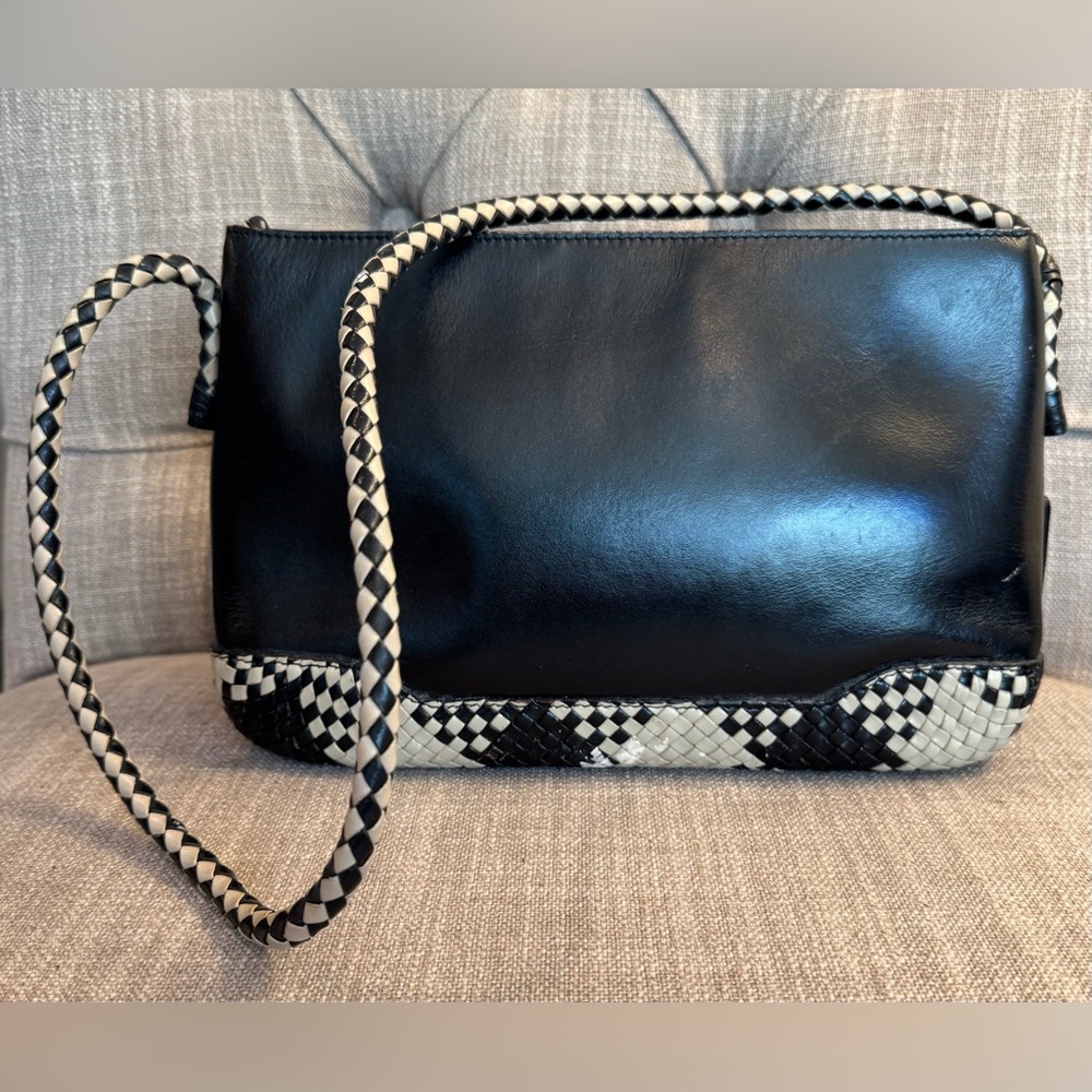Etienne Aigner Black and Cream Woven-Trim Hobo Bag
